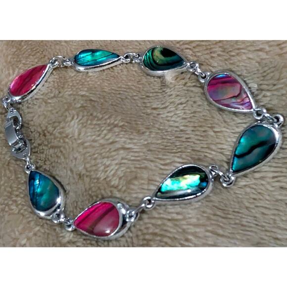 VTG Abalone Sterling Silver Plated S-80 Bracelet Box Clasp 8" Paua Pink Green - Picture 2 of 6